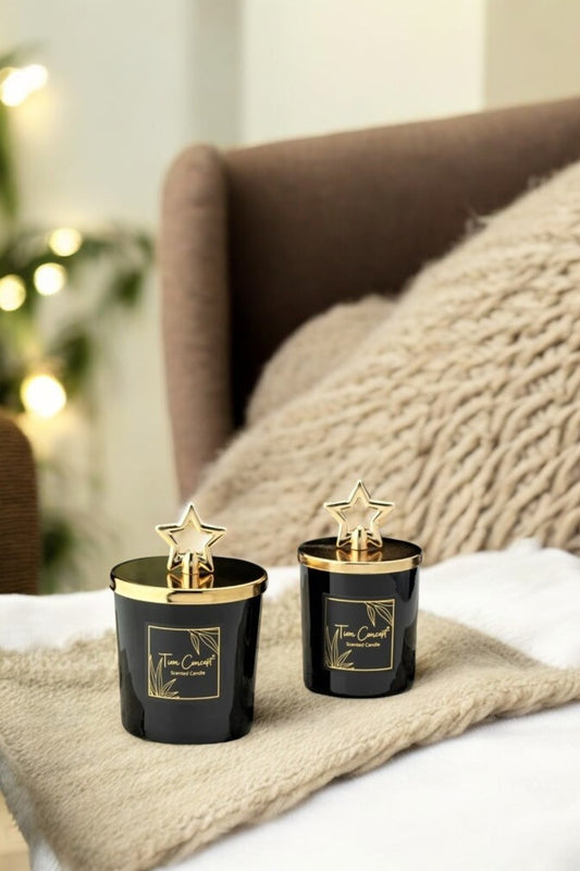 Dekoratif Gold Yıldız Başlıklı Büyük 2 'li Siyah Bardak Mum Seti