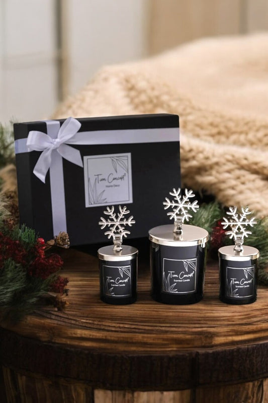 Yılbaşı Dekoratif Hediye Kutulu Gümüş Kar Taneli 3 'lü Siyah Bardak Mum Seti