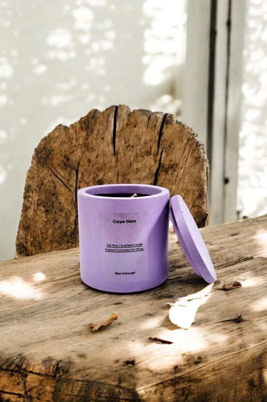 Dekoratif Lavanta Kokulu Lila Renkli Beton Saksılı ve Kapaklı Soya Mum