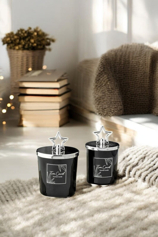 Dekoratif Özel Tasarım Gümüş Yıldız Başlıklı 2 'li Siyah Bardak Mum Seti