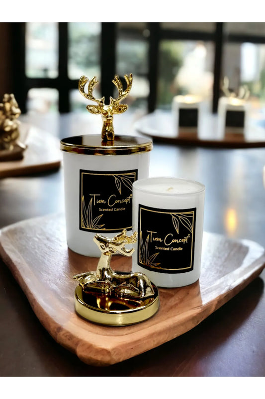 Dekoratif Gold Geyikli Vanilya Kokulu 2'li Beyaz Bardak Mum Seti