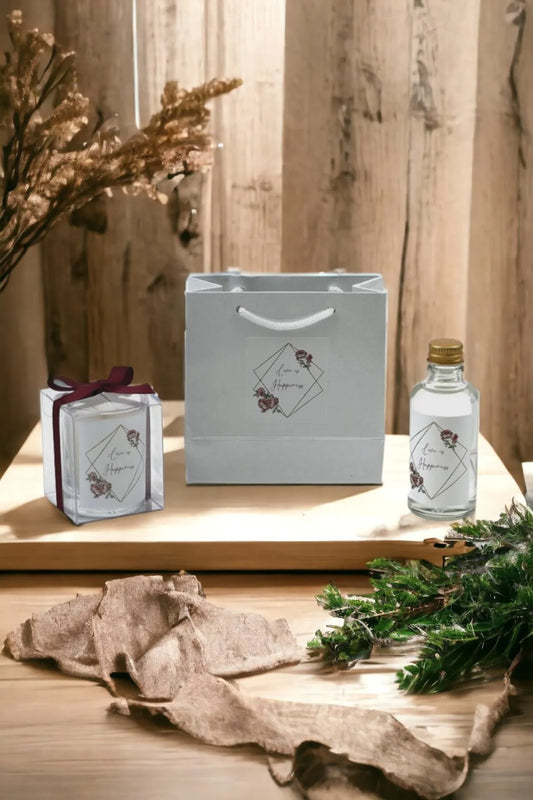 Kişiye Özel Nikah şekeri Baskılı Çantalı Kolonya ve Bardak Mum Seti 10'lu