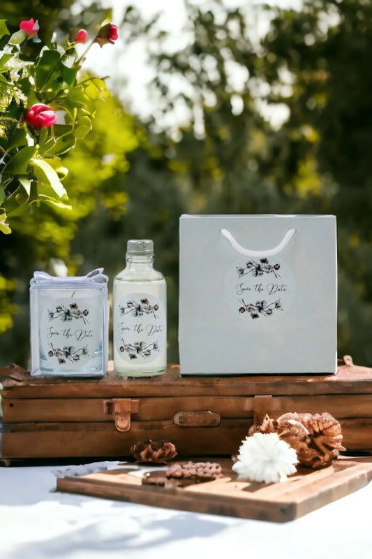 Kişiye Özel Nikah şekeri Baskılı Çantalı Kolonya ve Bardak Mum Seti 10'lu