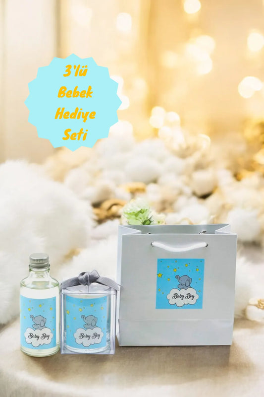 Kişiye Özel Bebek Hediyelik Doğum ve Doğumgünü Baskılı Çantalı Kolonya ve Mum Seti
