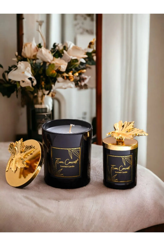 Dekoratif Gold Yapraklı Vanilya Kokulu 2'li Siyah Bardak Mum Seti