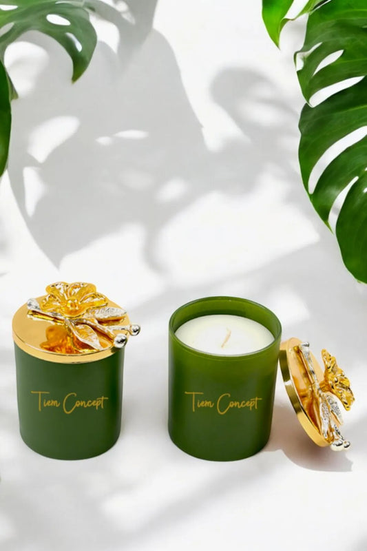 Dekoratif Özel Tasarım Gold Çiçek Tepelikli Yeşil Çay Kokulu 2li Yeşil Bardak Mum Seti