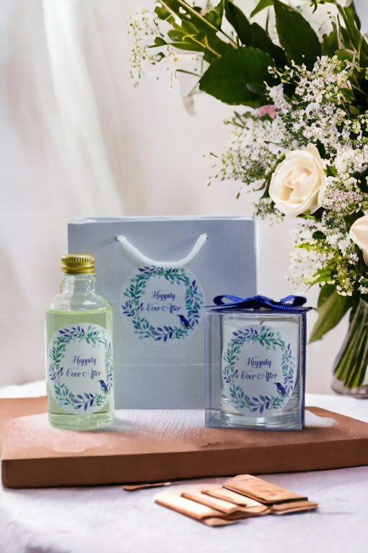 Kişiye Özel Nikah şekeri Baskılı Çantalı Kolonya ve Bardak Mum Seti 10'lu