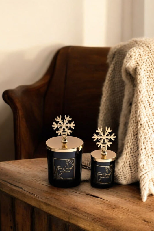 Dekoratif Gold Kar Taneli Vanilya Kokulu Siyah Bardak 2'li Mum Seti