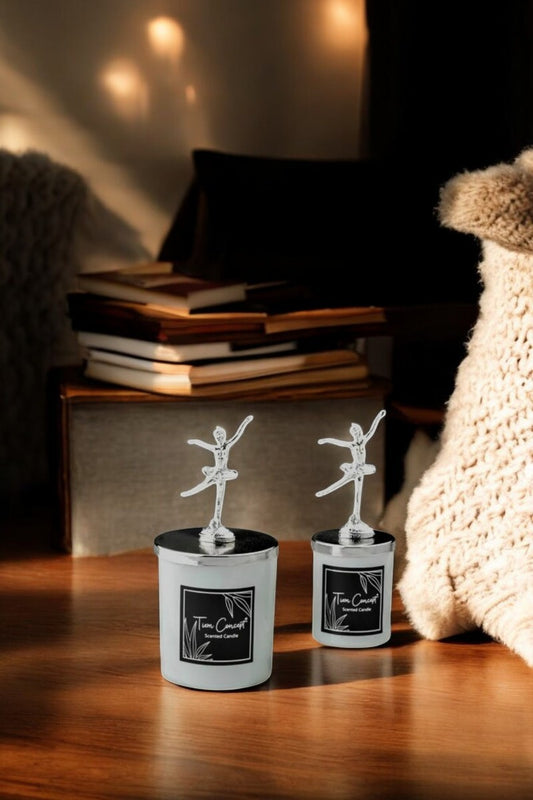 Dekoratif Gümüş Balerinli Vanilya Kokulu 2'li Beyaz Bardak Mum Seti