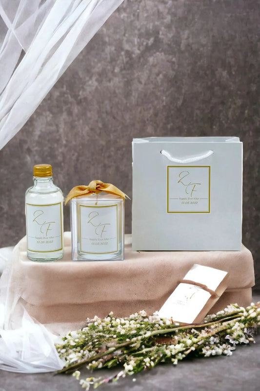 Kişiye Özel Düğün& Nikah şekeri Çantalı Kolonya ve Bardak Mum Seti 10'lu