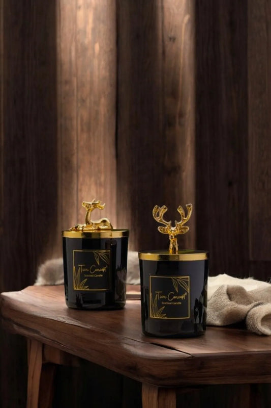 Dekoratif Özel Tasarım Gold Geyik Başlıklı 2 'li Siyah Bardak Mum Seti