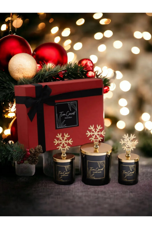 Yılbaşı Dekoratif Kırmızı Hediye Kutulu Gold Kar Taneli 3 'lü Siyah Bardak Mum Seti