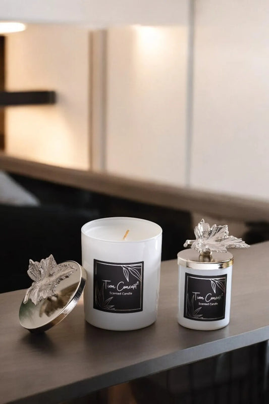 Dekoratif Gümüş Yapraklı Vanilya Kokulu 2'li Beyaz Bardak Mum Seti