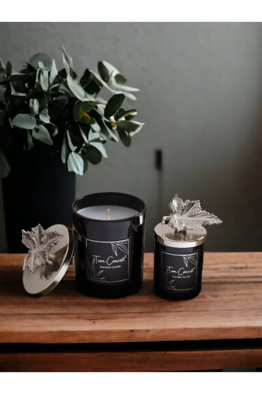 Dekoratif Gümüş Yaprak Tepelikli 2'li Siyah Bardak Mum Seti
