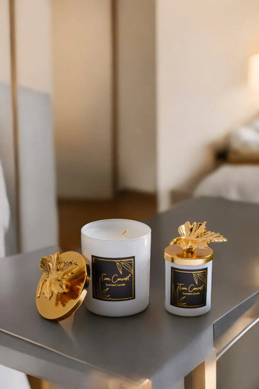 Dekoratif Gold Yapraklı Vanilya Kokulu 2'li Beyaz Bardak Mum Seti