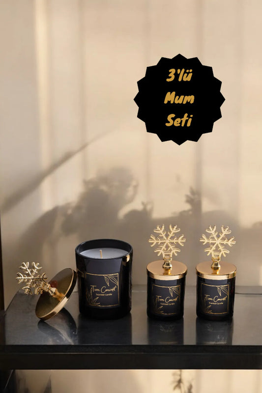 Dekoratif Özel Tasarım Gold Kar taneli Vanilya Kokulu 3'lü Siyah Bardak Mum Seti