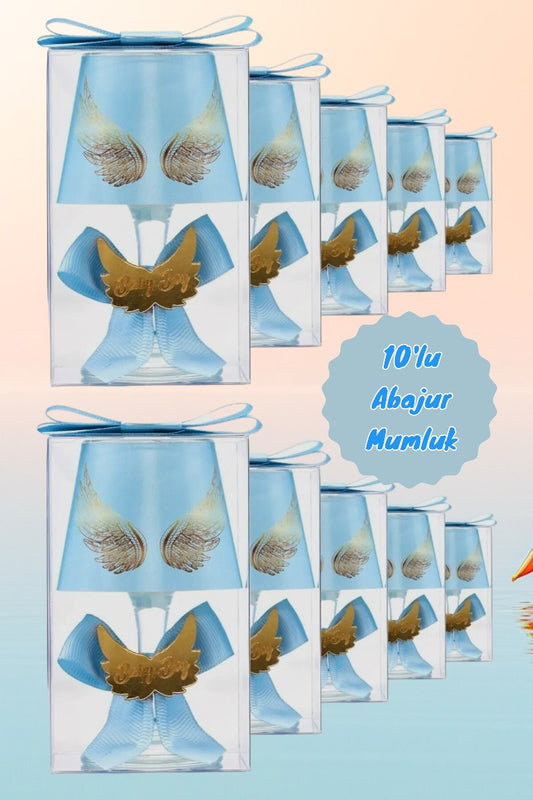 Baby Gift Boxed Custom Blue Decorated Angel Wing Printed Lampshade Candle Set of 10