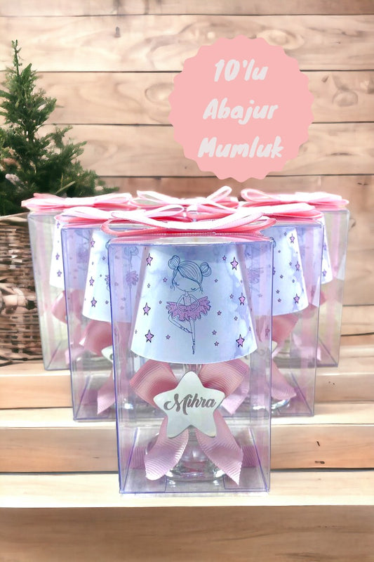 Bebek Hediyelik Kutulu İsme Özel Pembe Süslemeli Balerin Baskılı Abajur Mum Seti 10'lu