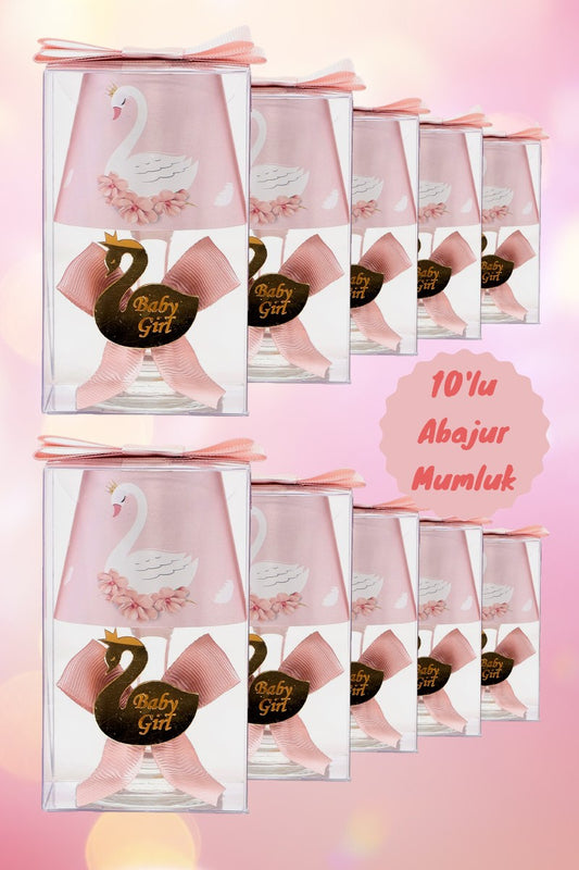 Bebek Hediyelik Kutulu İsme Özel Pudra Kuğu Baskılı Abajur Mum Seti 10'lu