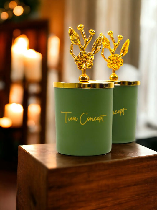 Dekoratif Özel Tasarım Gold Zeytin Dalı Tepelikli Yeşil Çay Kokulu 2li Bardak Mum Seti