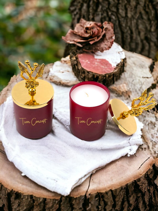 Dekoratif Gold Zeytin Dalı Tepelikli Amber Kokulu 2li Bordo Bardak Mum Seti