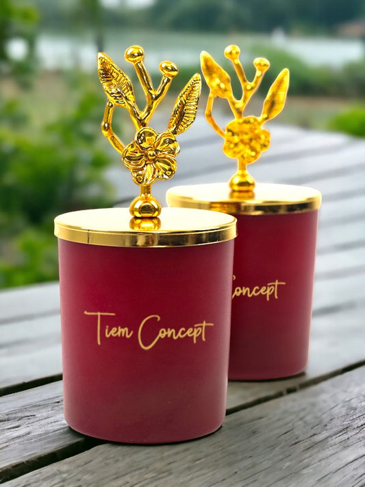 Tiem Concept Decorative Gold Olive Branch Top Amber Scented 2-Piece Claret Red Glass Candle Set