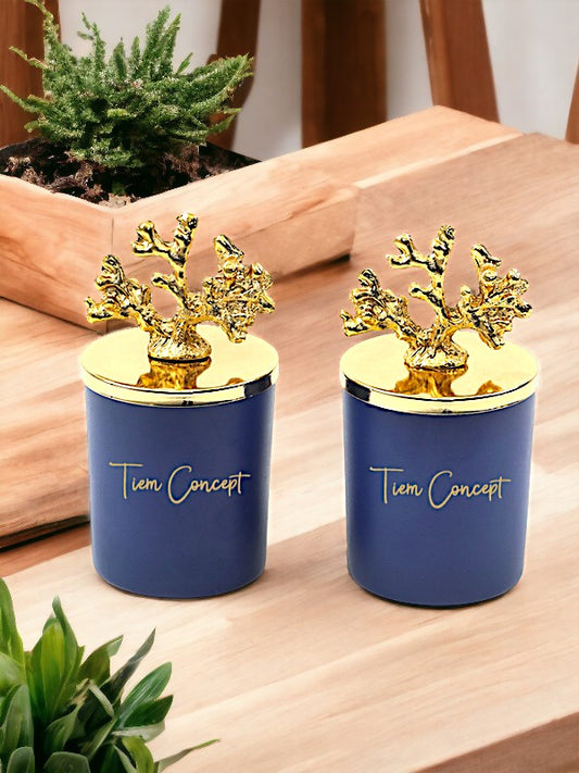 Dekoratif Özel Tasarım Gold Mercan Tepelikli Okyanus Kokulu 2li Bardak Mum Seti