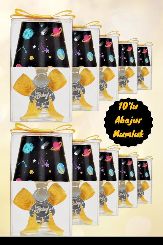 Bebek Hediyelik Kutulu İsme Özel Sarı Süslemeli Uzay Baskılı Abajur Mum Seti 10'lu