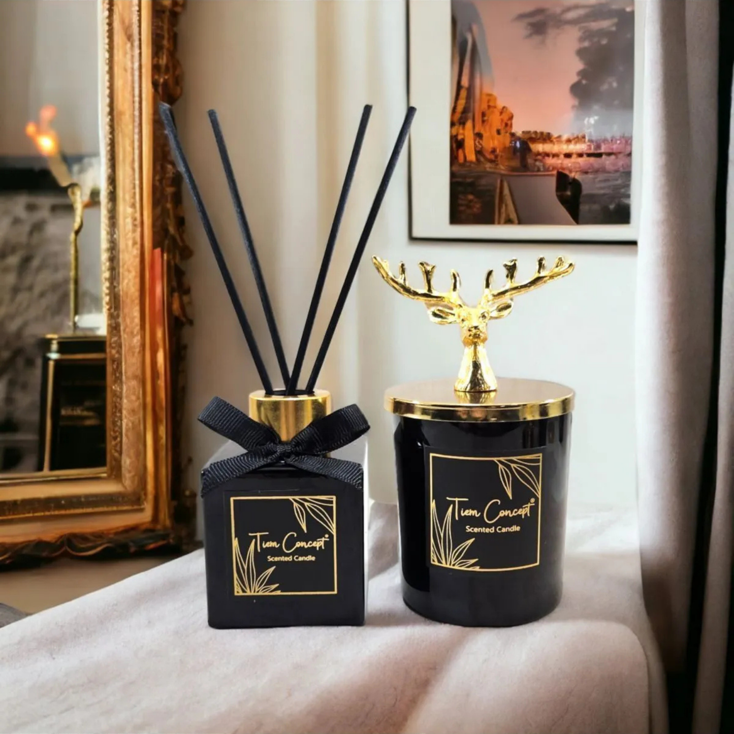 Geyik Başlıklı Gold Detaylı Oda Kokusu Ve Siyah Mum Seti 100 ml