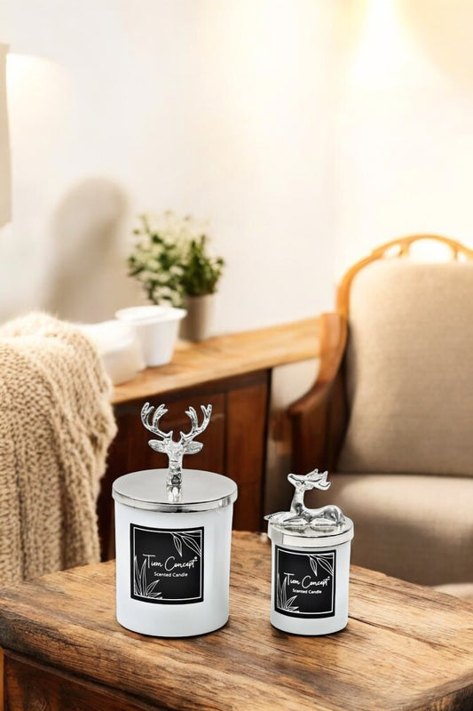 Dekoratif Gümüş Geyikli Vanilya Kokulu 2'li Beyaz Bardak Mum Seti