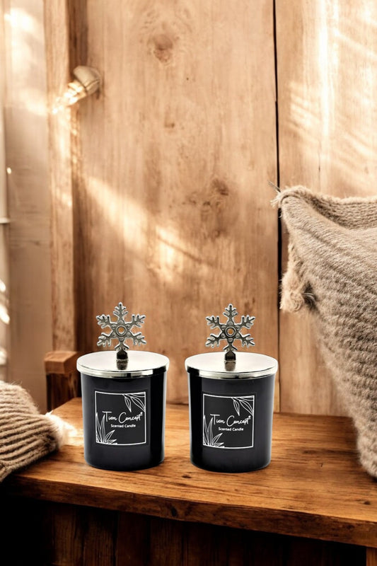 Tiem Concept Decorative Special Design Silver Snowflake Headed 2-Piece Black Glass Candle Set