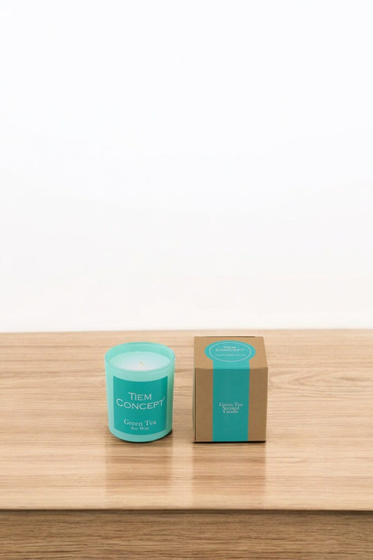 100% Soy Candle Green Tea Scented Mint Green Color Boxed Glass Candle