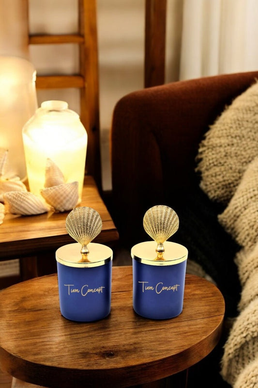 Dekoratif Özel Tasarım Gold Deniz Kabuğu Tepelikli Okyanus Kokulu 2li Bardak Mum Seti