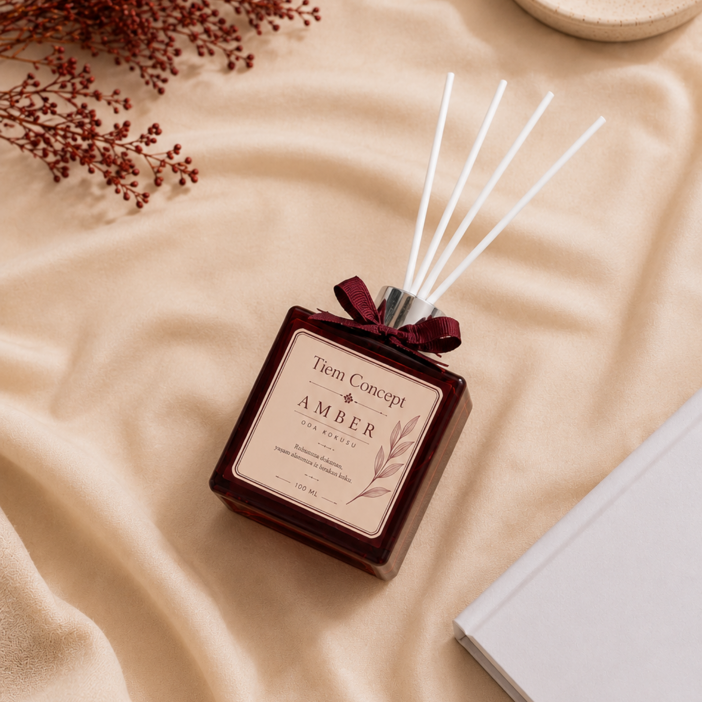 Çubuklu Oda Kokusu 100 ml Amber - Bordo Parlak Şişeli Oda Kokusu