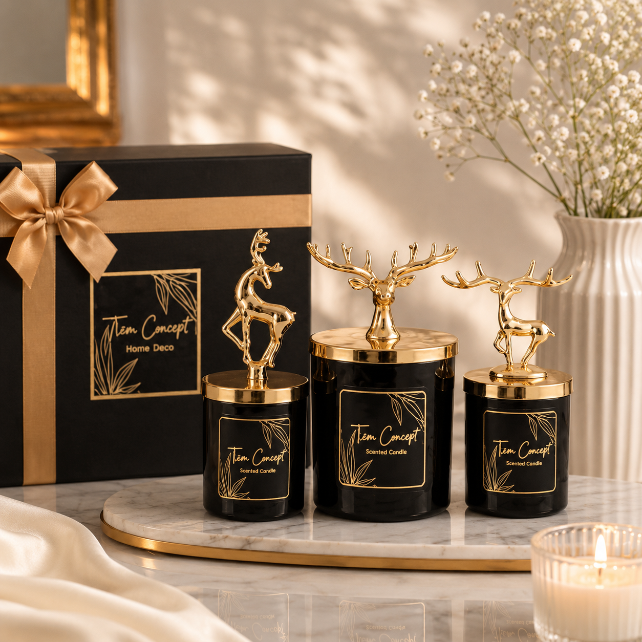 New Year Decorative Special Design Black Boxed Vanilla Scented Silver Deer Top 3-Piece Glass Candle Set