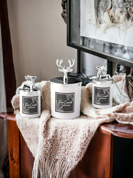 Dekoratif Gümüş Geyikli Vanilya Kokulu 3'lü Beyaz Bardak Mum Seti