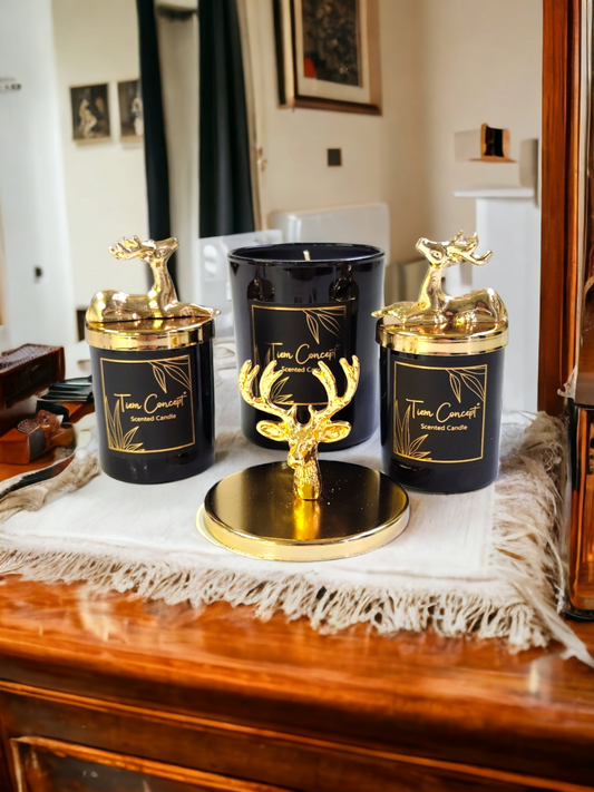 Dekoratif Gold Geyikli Vanilya Kokulu 3'lü Siyah Bardak Mum Seti