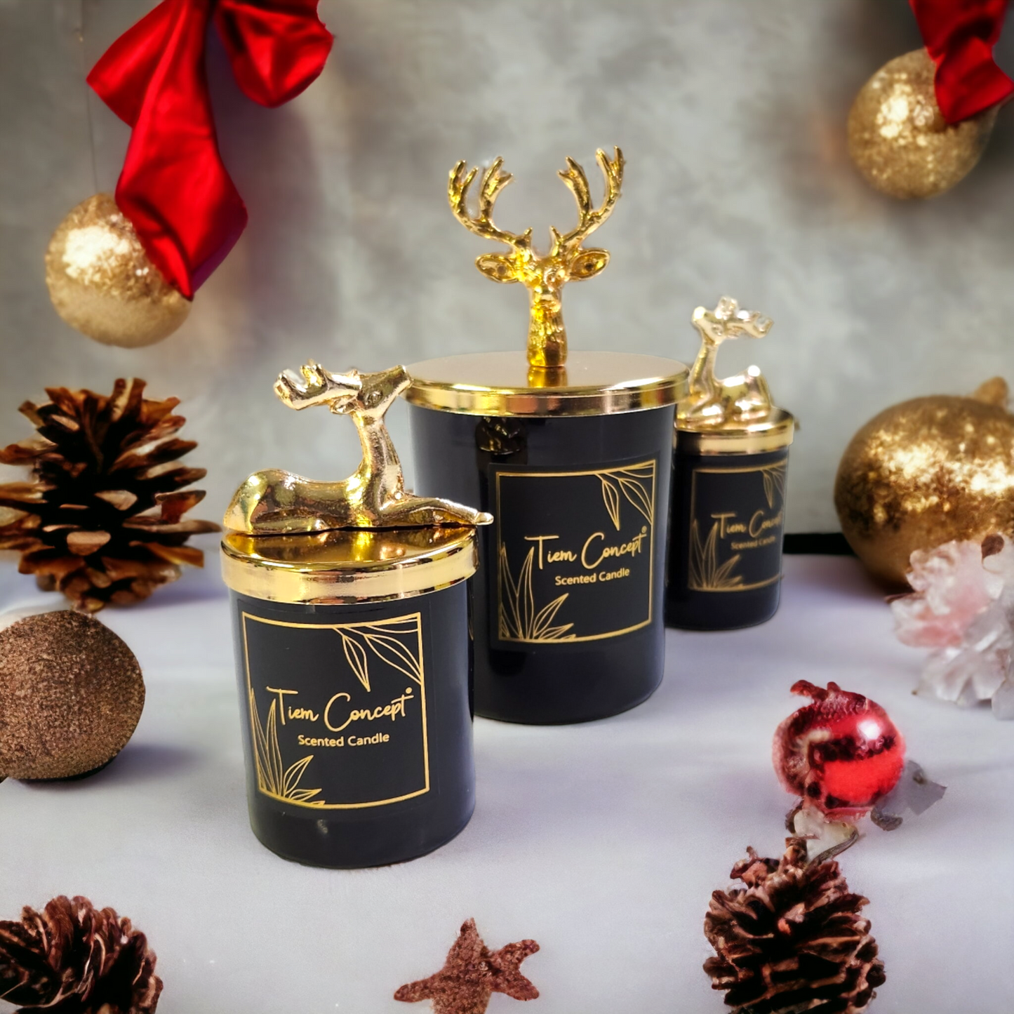 Tiem Concept Special Design Decorative Gold Deer Vanilla Scented 3-Piece Black Glass Candle Set