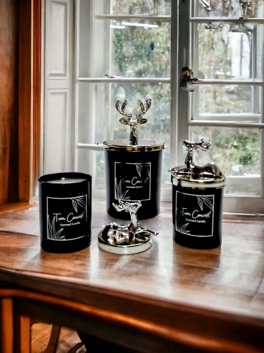 Dekoratif Gümüş Geyikli Vanilya Kokulu 3'lü Siyah Bardak Mum Seti