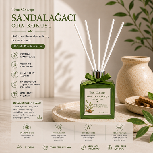 Çubuklu Oda Kokusu 100 ml Sandal Ağacı - Yeşil Parlak Şişeli Oda Kokusu