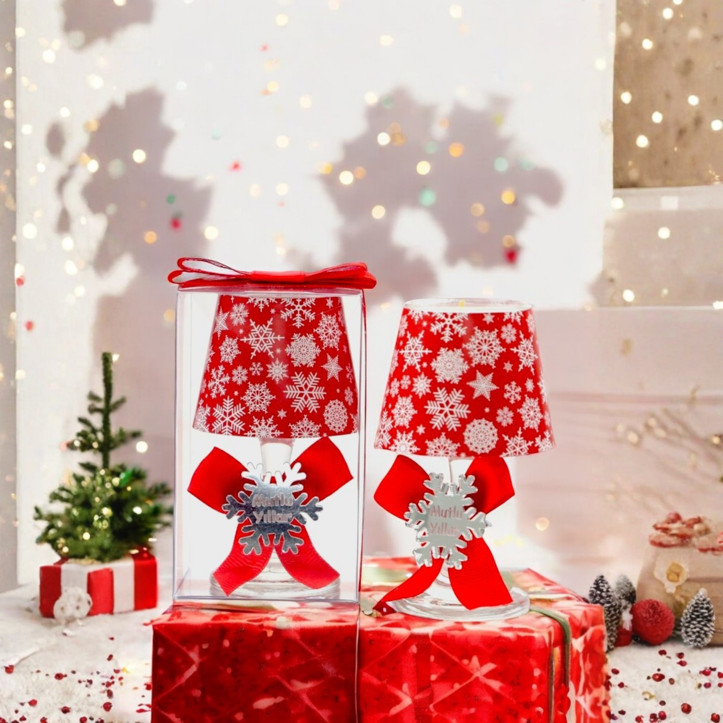 Christmas Snowflake Red Color Lampshade Candle Holder Gift (2 Pieces)