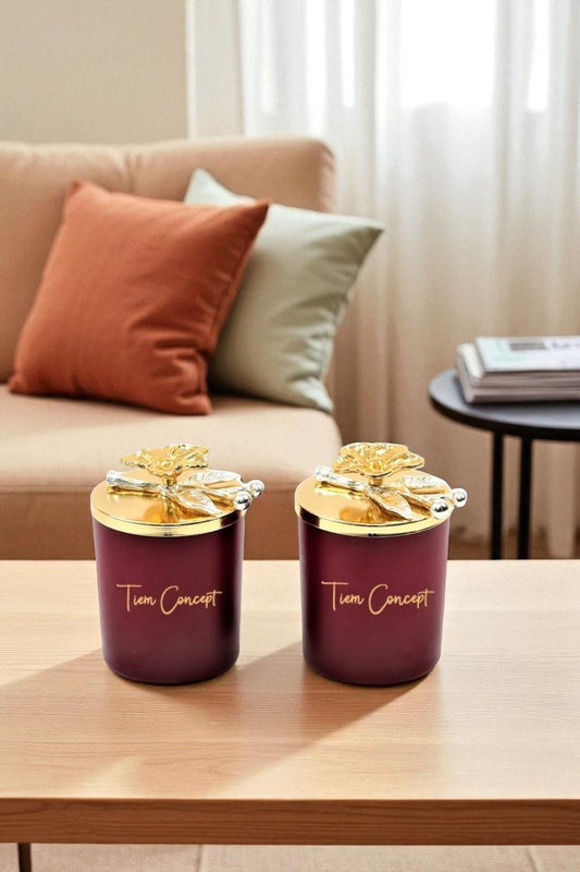 Dekoratif Özel Tasarım Gold Dallı Çiçek Tepelikli Amber Kokulu 2li Bordo Bardak Mum Seti