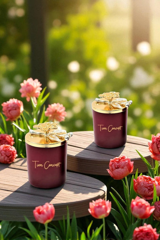 Tiem Concept Decorative Special Design Gold Branched Flower Top Amber Scented 2-Piece Claret Red Glass Candle Set