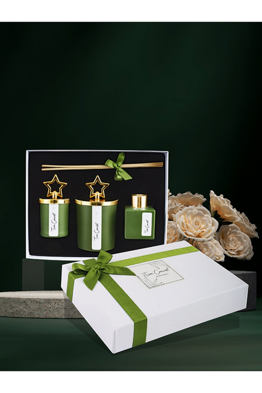 Özel Tasarım Kutulu Sandal Ağacı Kokulu Gold Tepelikli 3lü Bardak Mum ve Oda Koku Seti