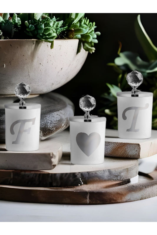 Dekoratif Kişiye Özel Harfli Vanilyalı Gümüş Kristalli 3'lü Bardak Mum Seti