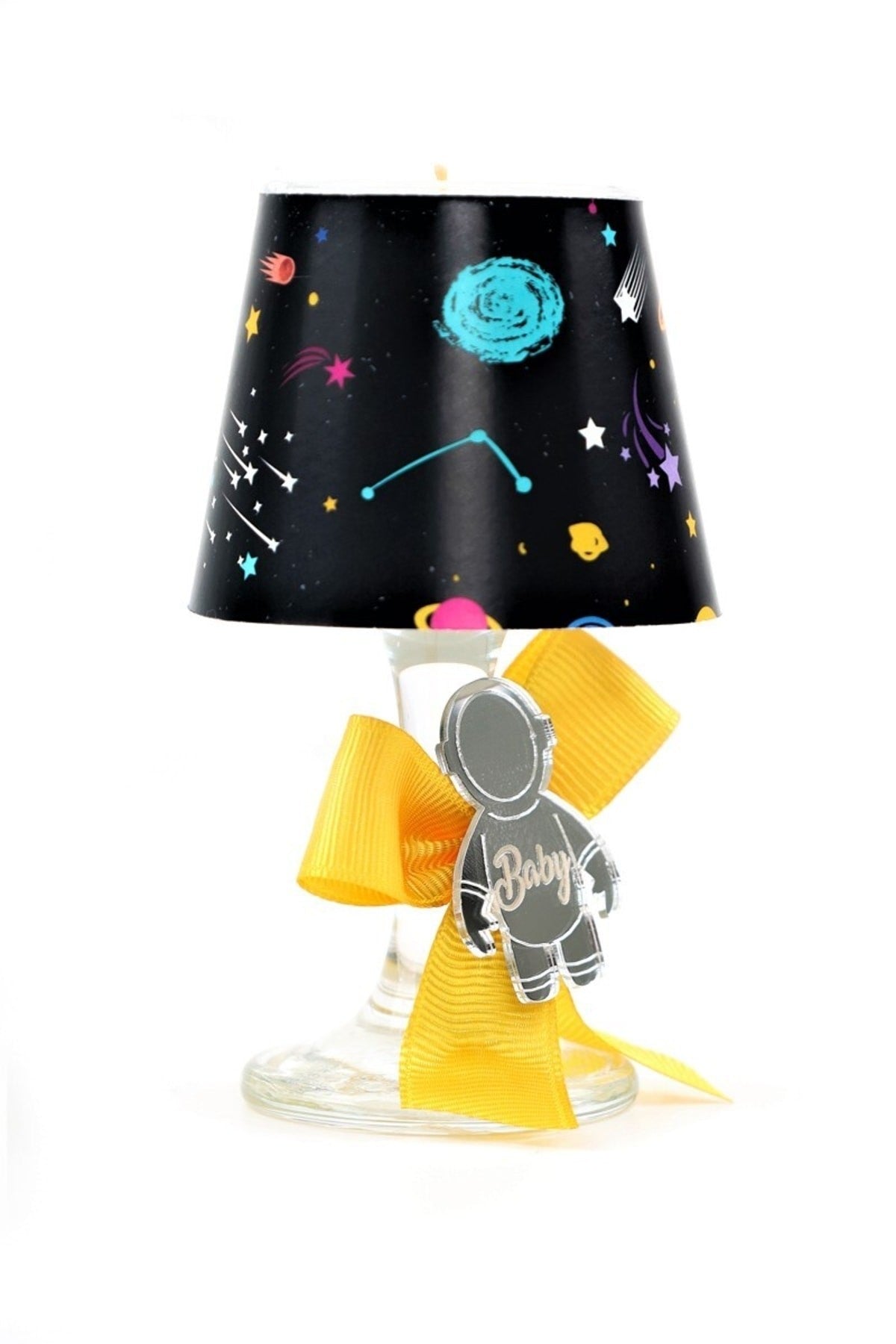 Baby Gift Boxed Personalized Yellow Decorated Space Printed Lampshade Candle Set of 10