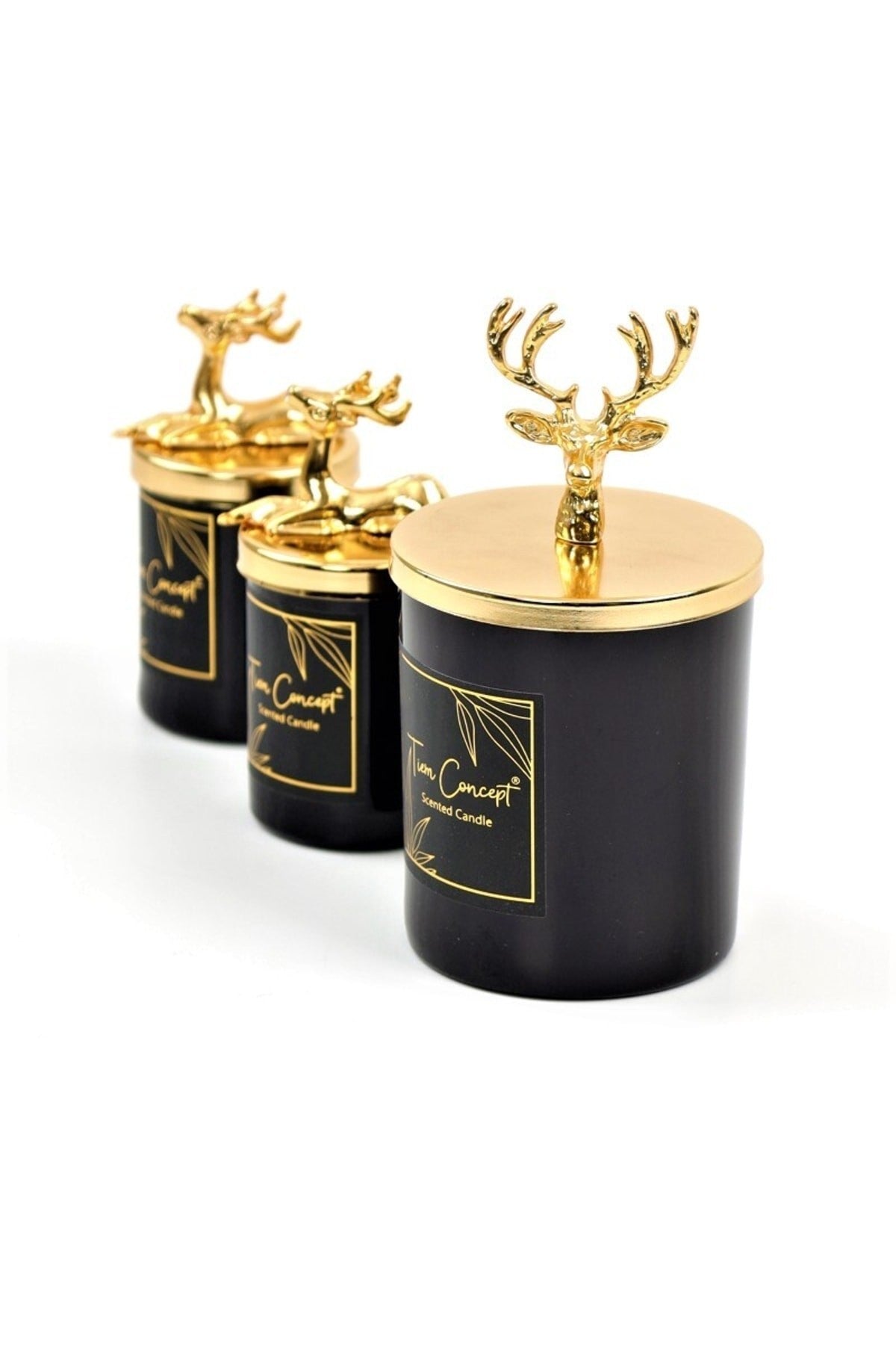 Dekoratif Gold Geyikli Vanilya Kokulu 3'lü Siyah Bardak Mum Seti