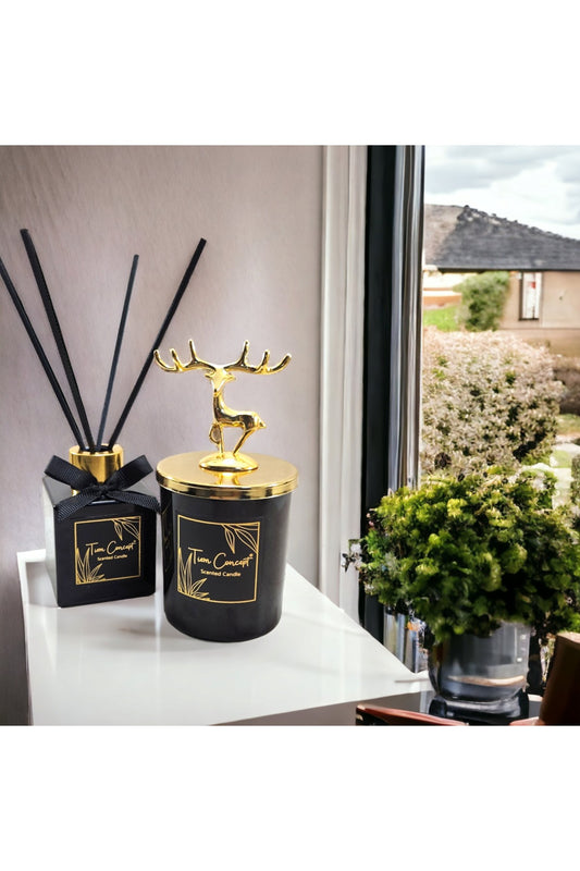 Yılbaşı Geyik Başlıklı Gold Detaylı 100 ml Oda Kokusu Ve Siyah Mum Seti