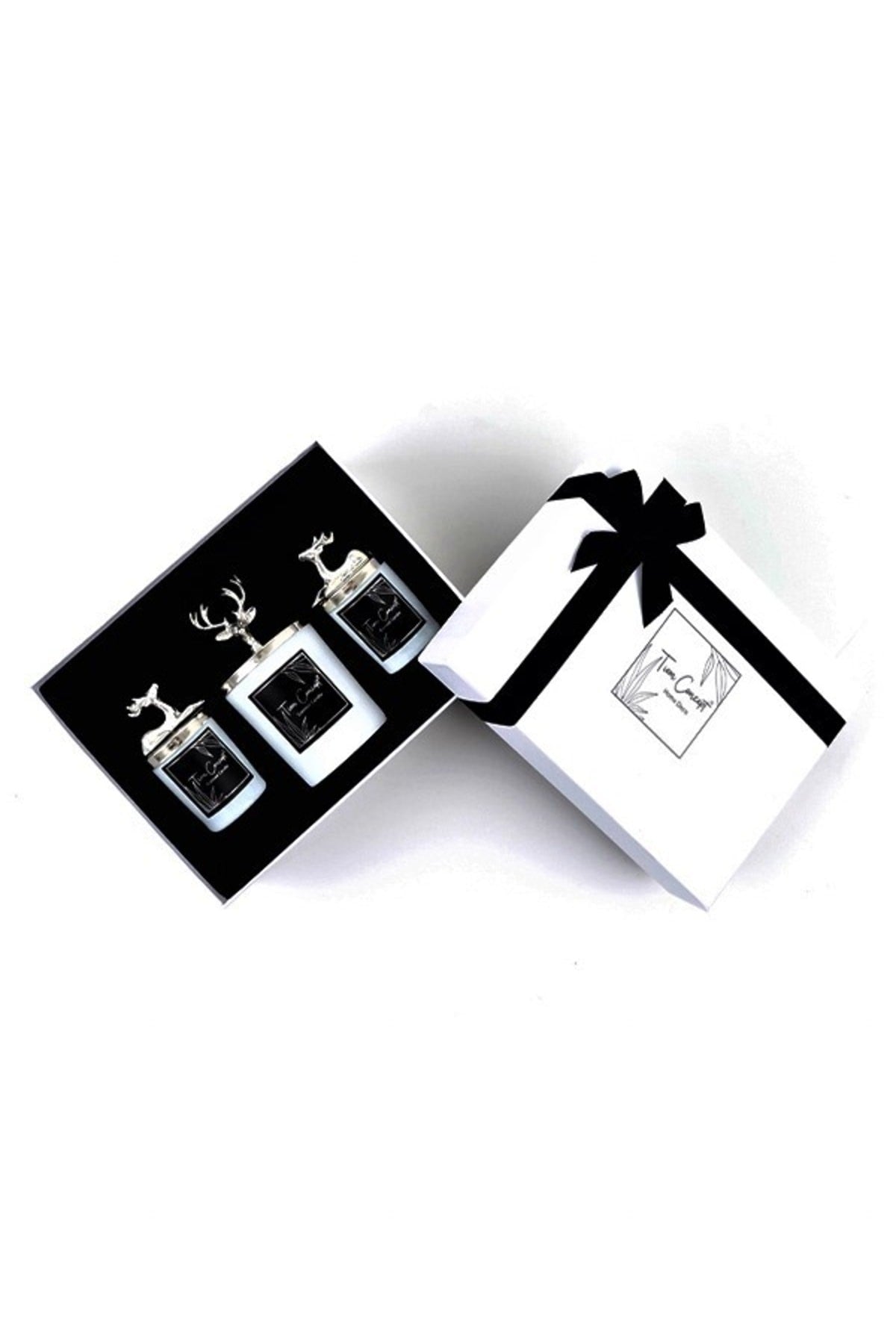 Dekoratif Hediye Kutulu Vanilya Kokulu Gümüş Geyikli 3 'lü Beyaz Bardak Mum Seti