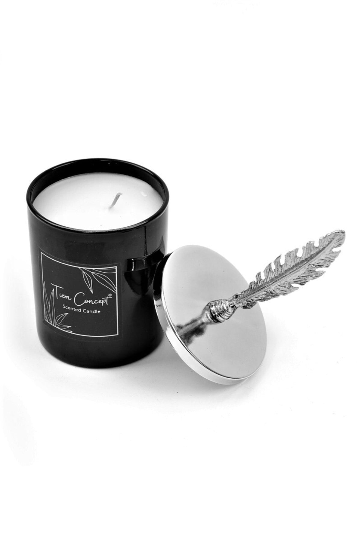 Tiem Concept Special Design Letter A Vanilla Scented Silver Feather Top Black Glass Candle